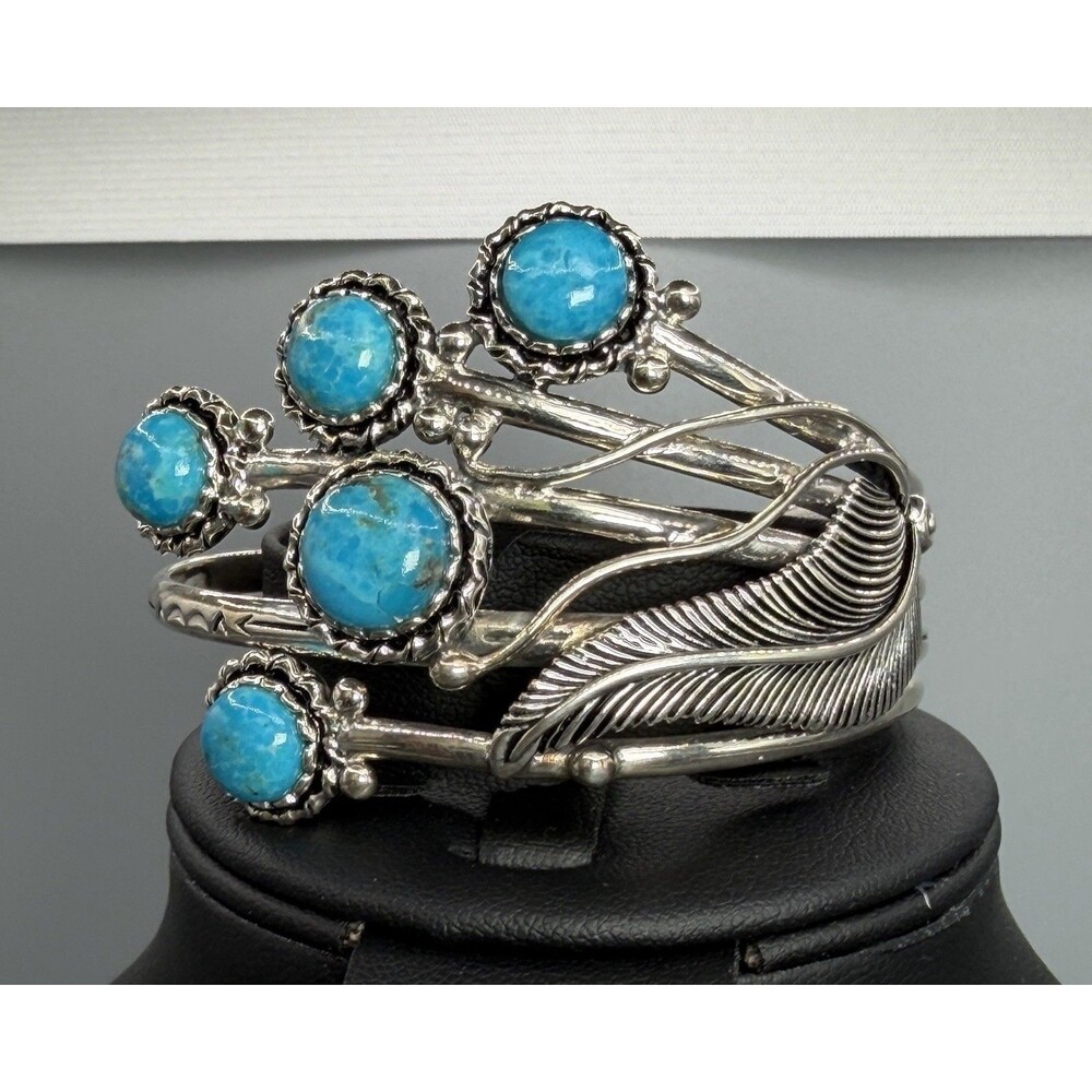 925 Sterling Silver Turquoise Feather Cuff Bracelet Southwestern JTV w/ Box 39g